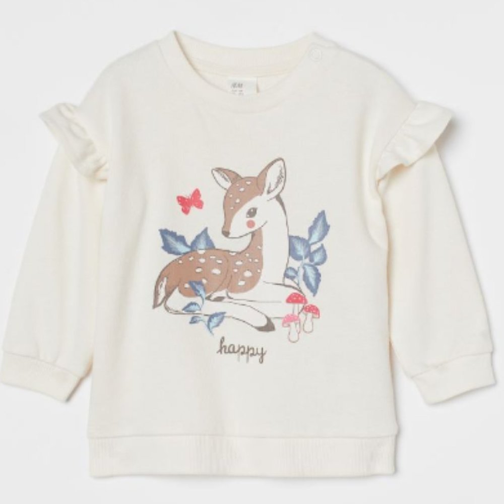 VGUC Baby Girls H&M Deer Ruffle Cream Sweatshirt 12-18 mo